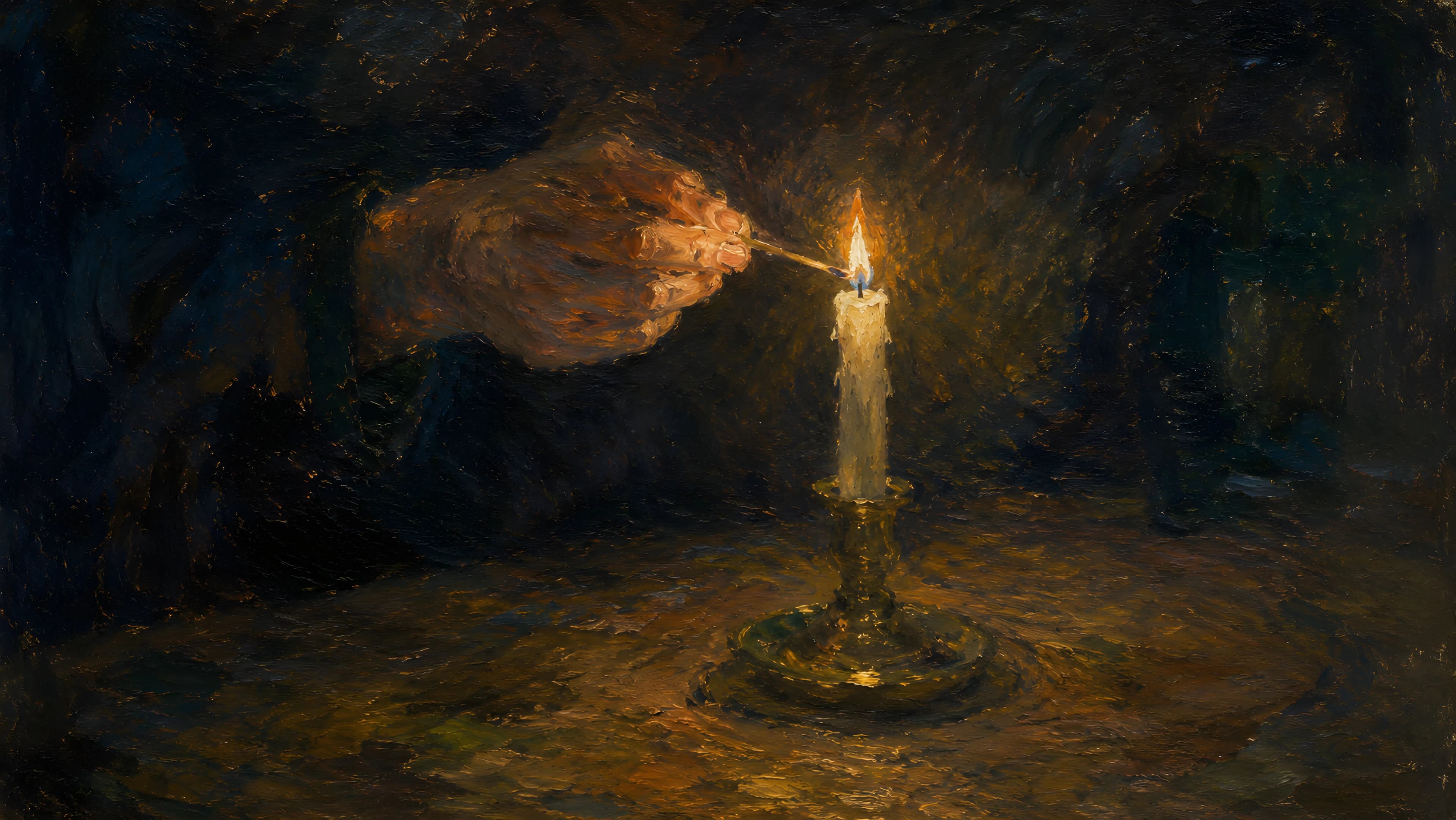 Oil painting of a hand lighting a candle with a match