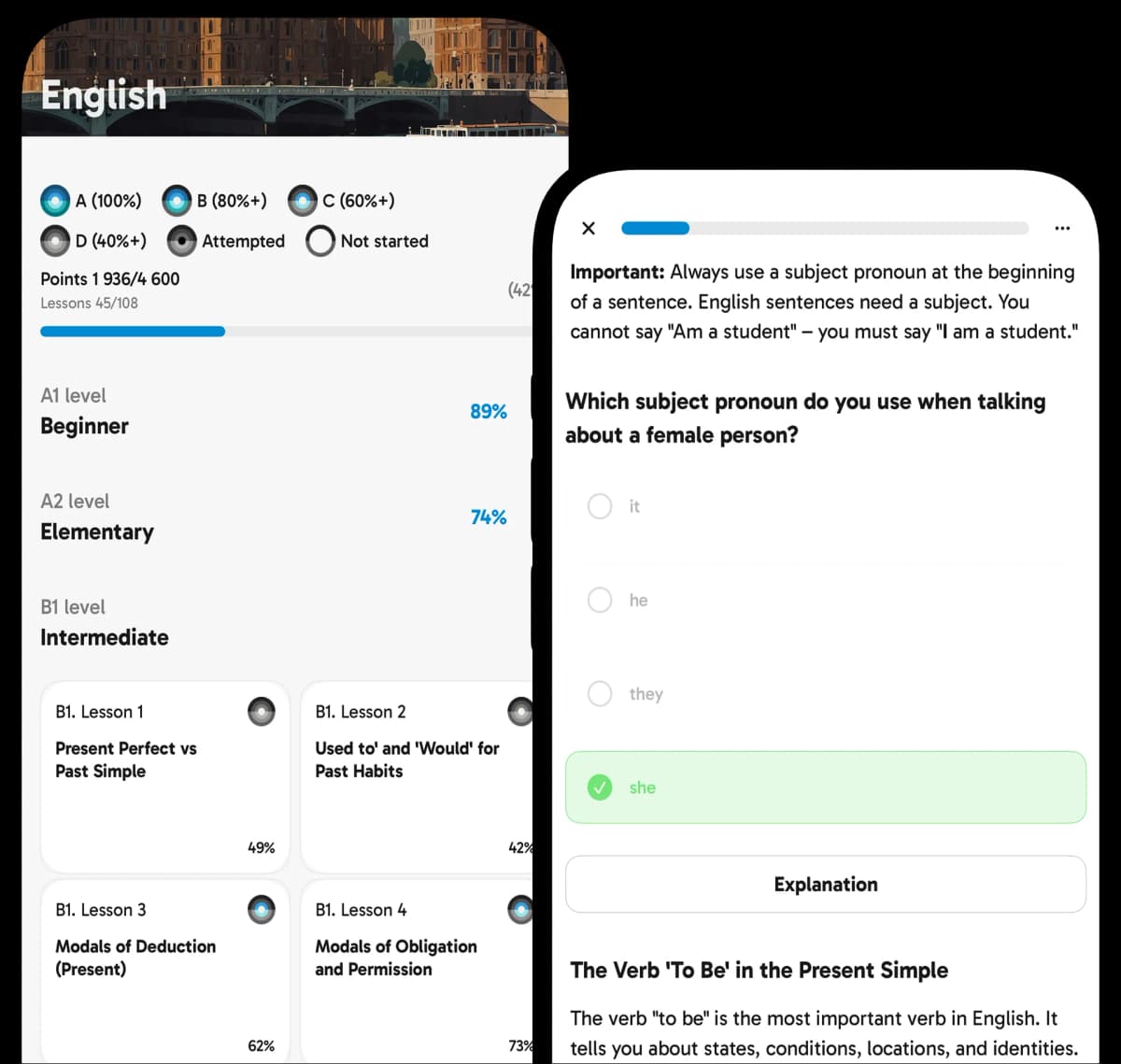 Talkey grammar course level overview and an in-lesson quiz