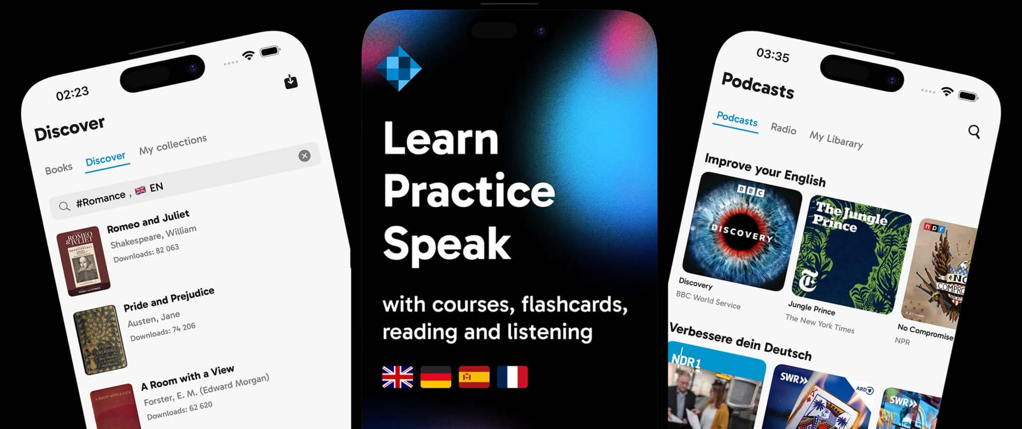 Three Talkey app screens – book discovery, courses, and podcasts